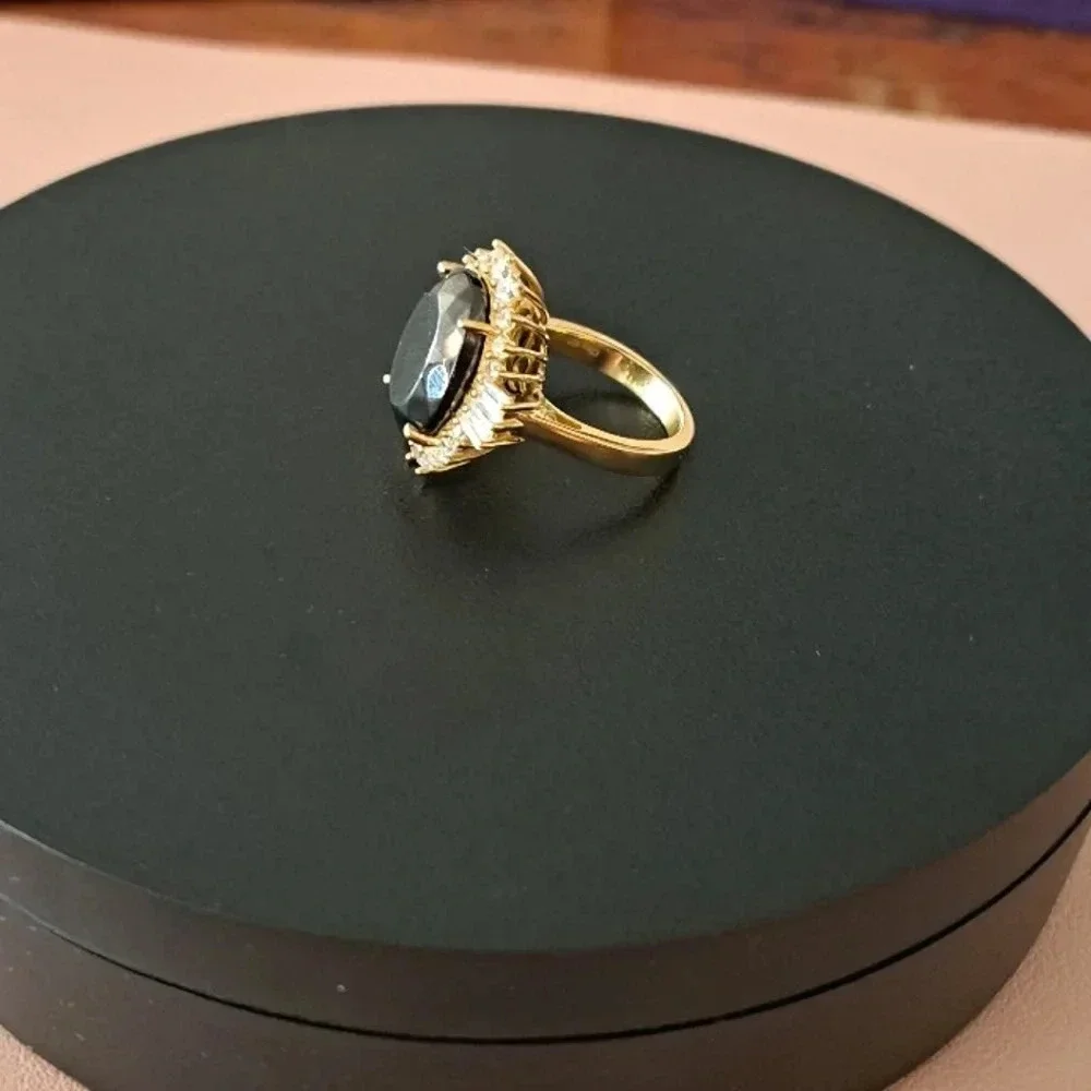 Elite Shungite and Natural White Zircon Halo Ring In 18kt YG Vermeil.